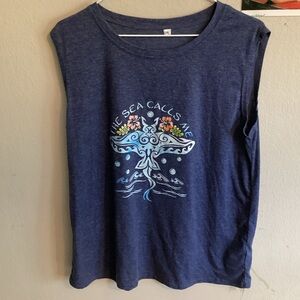 Navy Blue Graphic Women's XL Top The Sea Calls Me Moana Grandma